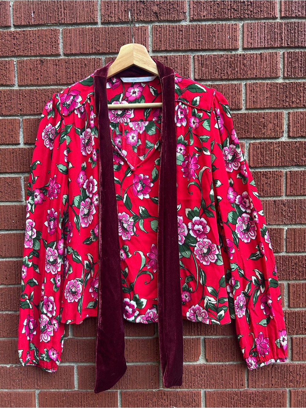 Zara Trafaluc Floral Velvet-Tie Blouse Red Pink Size XL